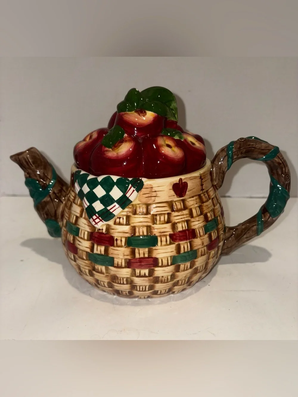 Ceramic Apple Basket Teapot - Red and Green - Vintage 1999